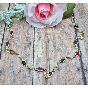 Vintage Station Necklace Gold Tone Faux Mini Pearls Multicolored Bezel Set Teard
